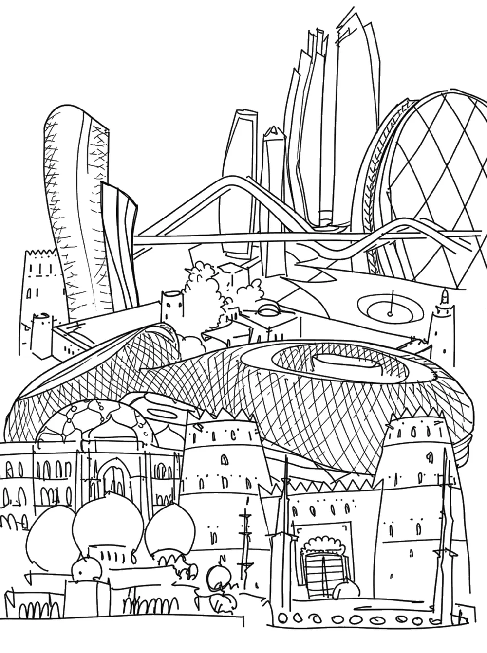 Hand-drawn sketch of the UAE skyline: towers, the Louvre dome, forts and the Grand Mosque.